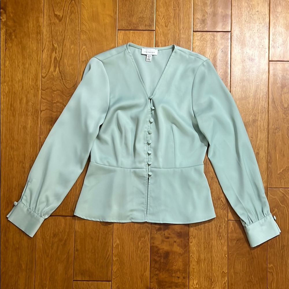 Topshop Pistachio Green Fitted Long Sleeve Top Button Detail Size 6 Pastel